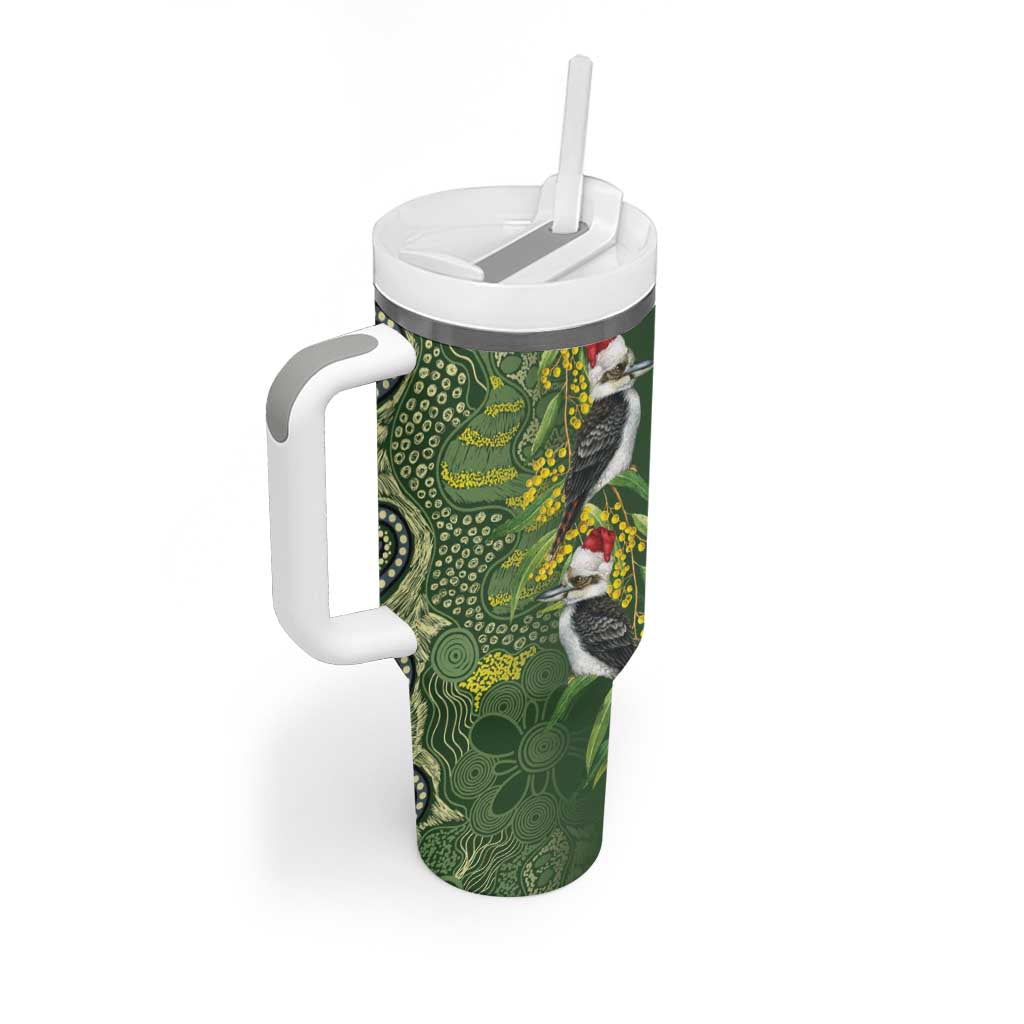 Aussie Kokaburra Golden Wattle Christmas Tumbler With Handle Aboriginal Dots Painting Green Motif - Aussie Hoodie