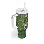 Aussie Kokaburra Golden Wattle Christmas Tumbler With Handle Aboriginal Dots Painting Green Motif - Aussie Hoodie