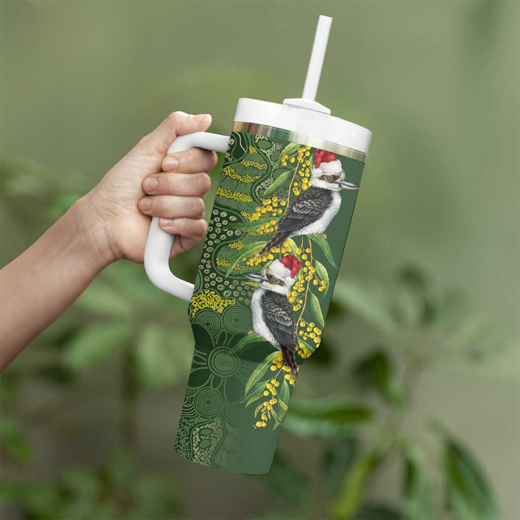 Aussie Kokaburra Golden Wattle Christmas Tumbler With Handle Aboriginal Dots Painting Green Motif - Aussie Hoodie