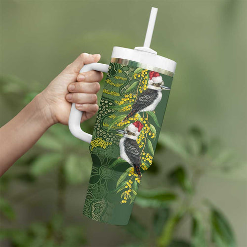 Aussie Kokaburra Golden Wattle Christmas Tumbler With Handle Aboriginal Dots Painting Green Motif - Aussie Hoodie