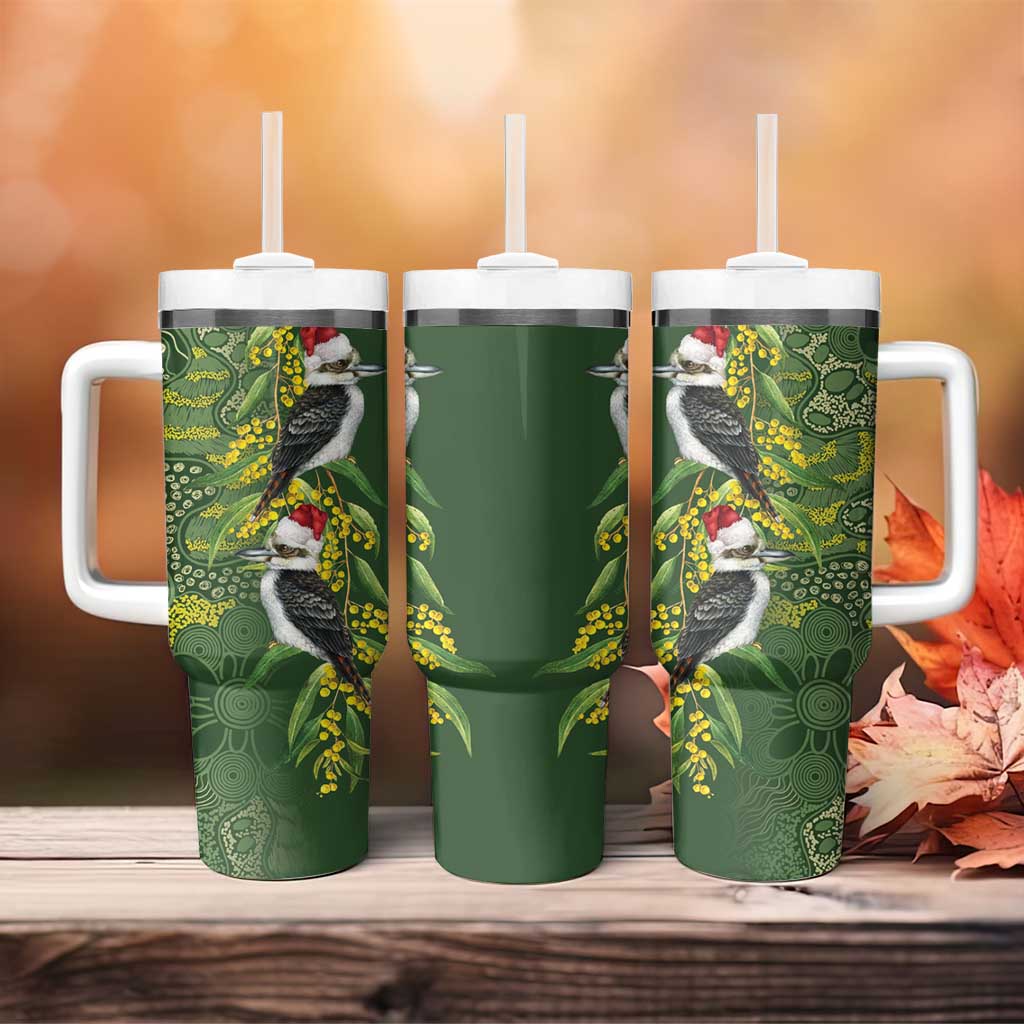 Aussie Kokaburra Golden Wattle Christmas Tumbler With Handle Aboriginal Dots Painting Green Motif - Aussie Hoodie