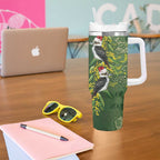 Aussie Kokaburra Golden Wattle Christmas Tumbler With Handle Aboriginal Dots Painting Green Motif - Aussie Hoodie