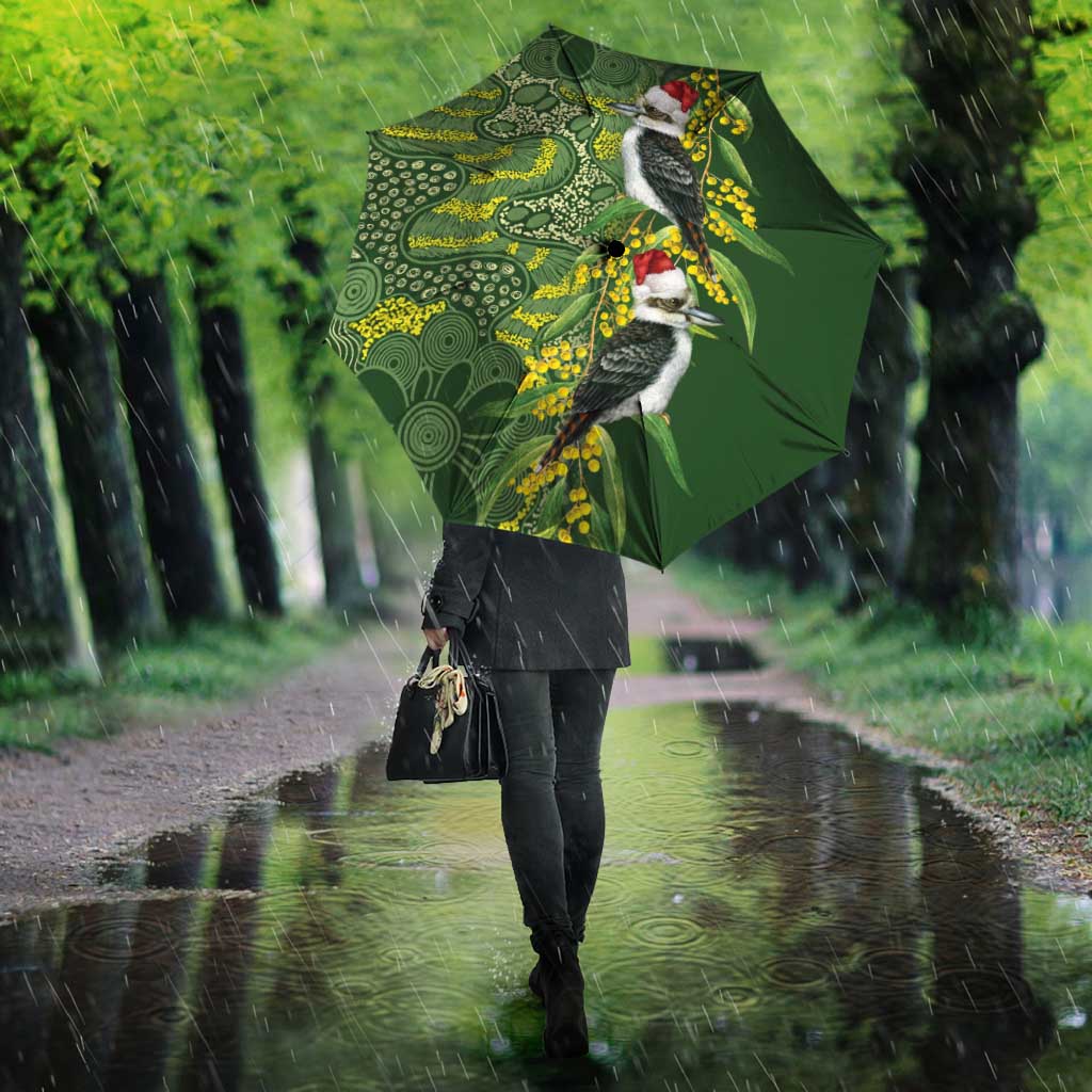 Aussie Kokaburra Golden Wattle Christmas Umbrella Aboriginal Dots Painting Green Motif - Aussie Hoodie