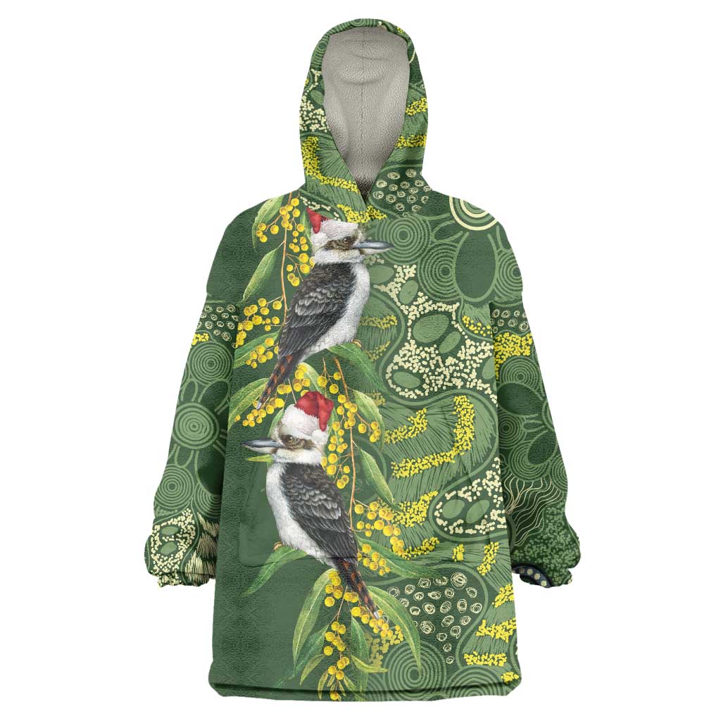 Aussie Kokaburra Golden Wattle Christmas Wearable Blanket Hoodie Aboriginal Dots Painting Green Motif - Aussie Hoodie