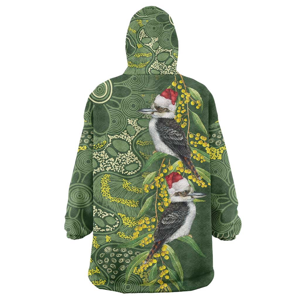 Aussie Kokaburra Golden Wattle Christmas Wearable Blanket Hoodie Aboriginal Dots Painting Green Motif - Aussie Hoodie