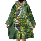 Aussie Kokaburra Golden Wattle Christmas Wearable Blanket Hoodie Aboriginal Dots Painting Green Motif - Aussie Hoodie