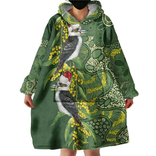 Aussie Kokaburra Golden Wattle Christmas Wearable Blanket Hoodie Aboriginal Dots Painting Green Motif - Aussie Hoodie