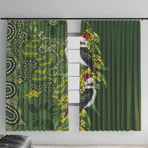 Aussie Kokaburra Golden Wattle Christmas Window Curtain Aboriginal Dots Painting Green Motif - Aussie Hoodie
