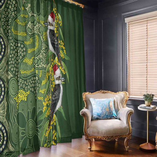 Aussie Kokaburra Golden Wattle Christmas Window Curtain Aboriginal Dots Painting Green Motif - Aussie Hoodie
