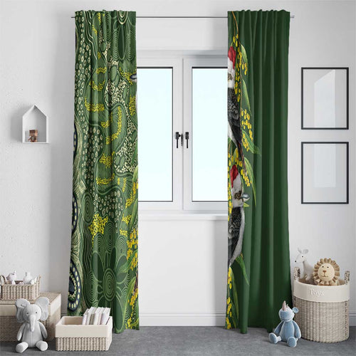 Aussie Kokaburra Golden Wattle Christmas Window Curtain Aboriginal Dots Painting Green Motif - Aussie Hoodie