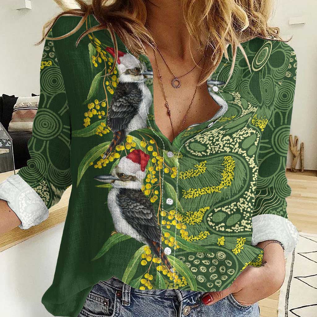 Aussie Kokaburra Golden Wattle Christmas Women Casual Shirt Aboriginal Dots Painting Green Motif - Aussie Hoodie