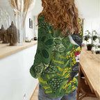 Aussie Kokaburra Golden Wattle Christmas Women Casual Shirt Aboriginal Dots Painting Green Motif - Aussie Hoodie