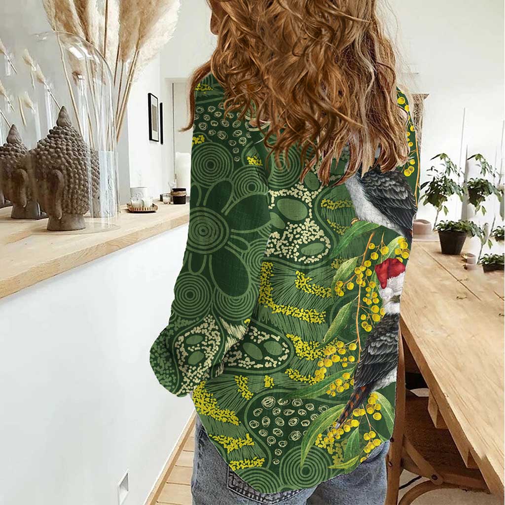 Aussie Kokaburra Golden Wattle Christmas Women Casual Shirt Aboriginal Dots Painting Green Motif - Aussie Hoodie