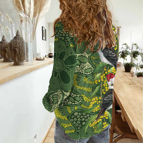 Aussie Kokaburra Golden Wattle Christmas Women Casual Shirt Aboriginal Dots Painting Green Motif - Aussie Hoodie