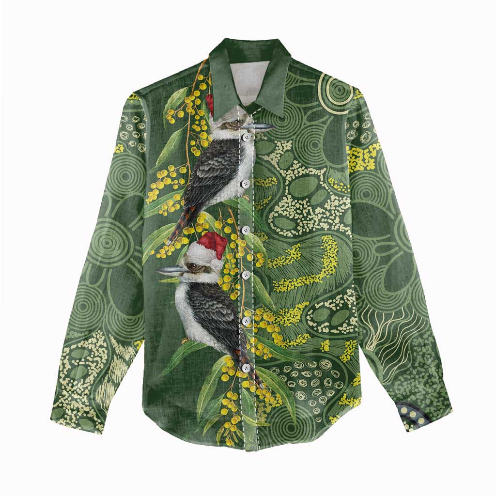 Aussie Kokaburra Golden Wattle Christmas Women Casual Shirt Aboriginal Dots Painting Green Motif - Aussie Hoodie