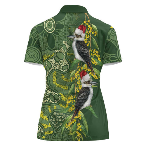 Aussie Kokaburra Golden Wattle Christmas Women Polo Shirt Aboriginal Dots Painting Green Motif - Aussie Hoodie