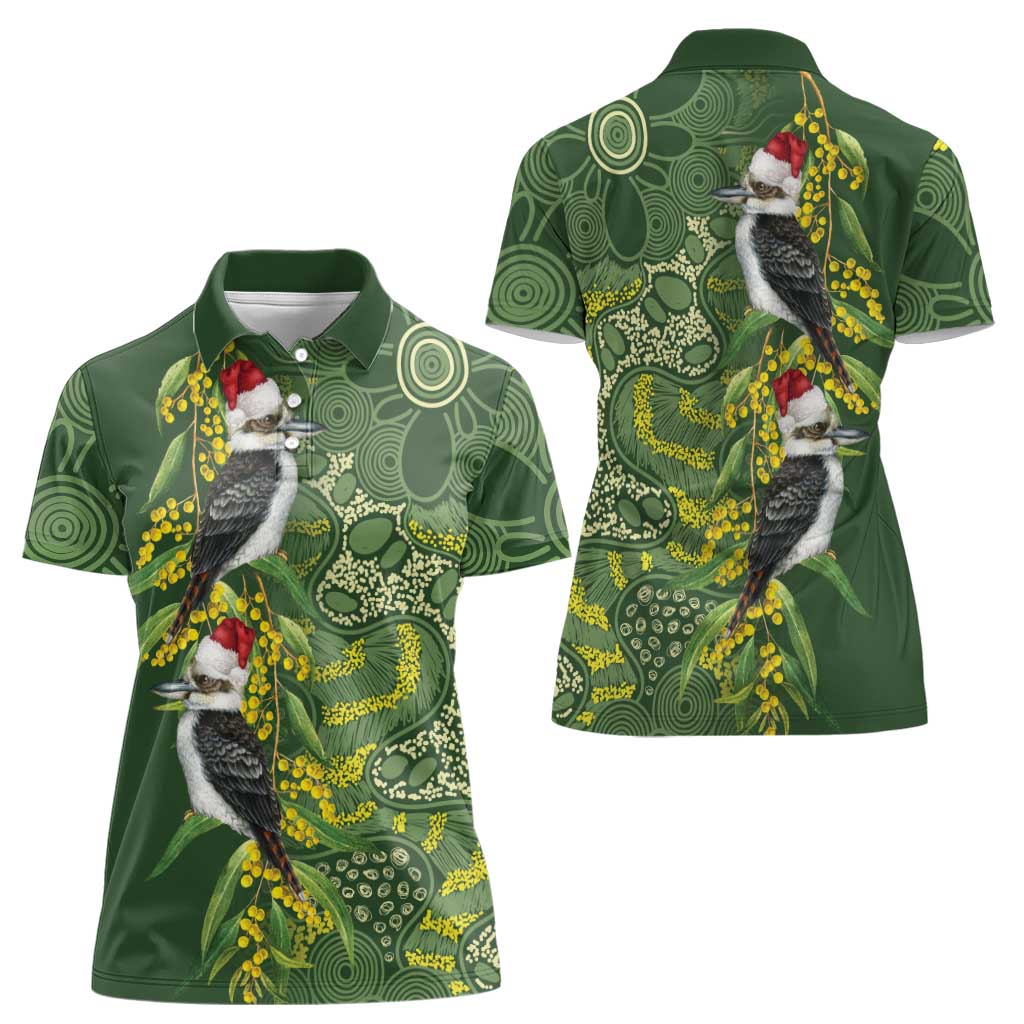 Aussie Kokaburra Golden Wattle Christmas Women Polo Shirt Aboriginal Dots Painting Green Motif - Aussie Hoodie