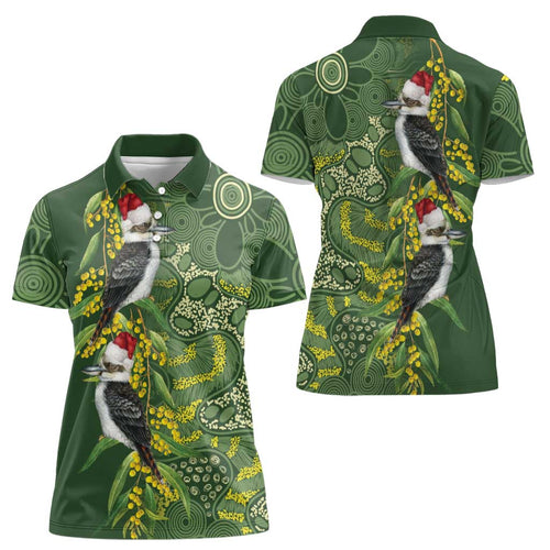 Aussie Kokaburra Golden Wattle Christmas Women Polo Shirt Aboriginal Dots Painting Green Motif - Aussie Hoodie