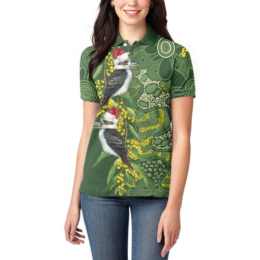 Aussie Kokaburra Golden Wattle Christmas Women Polo Shirt Aboriginal Dots Painting Green Motif - Aussie Hoodie