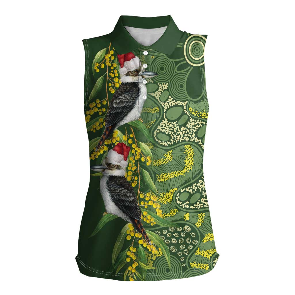 Aussie Kokaburra Golden Wattle Christmas Women Sleeveless Polo Shirt Aboriginal Dots Painting Green Motif - Aussie Hoodie