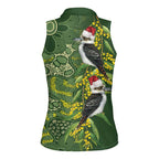 Aussie Kokaburra Golden Wattle Christmas Women Sleeveless Polo Shirt Aboriginal Dots Painting Green Motif - Aussie Hoodie