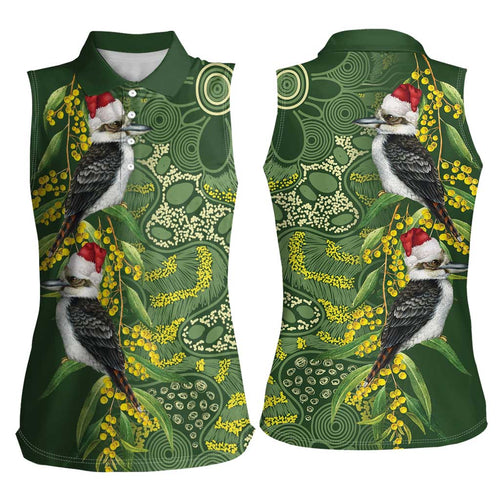 Aussie Kokaburra Golden Wattle Christmas Women Sleeveless Polo Shirt Aboriginal Dots Painting Green Motif - Aussie Hoodie