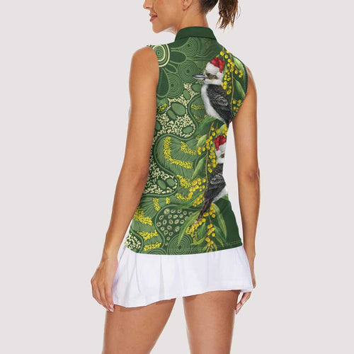 Aussie Kokaburra Golden Wattle Christmas Women Sleeveless Polo Shirt Aboriginal Dots Painting Green Motif - Aussie Hoodie