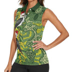 Aussie Kokaburra Golden Wattle Christmas Women Sleeveless Polo Shirt Aboriginal Dots Painting Green Motif - Aussie Hoodie