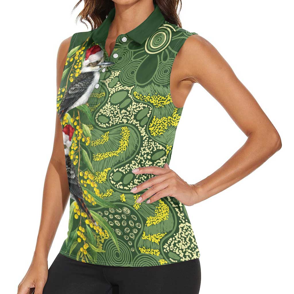 Aussie Kokaburra Golden Wattle Christmas Women Sleeveless Polo Shirt Aboriginal Dots Painting Green Motif - Aussie Hoodie