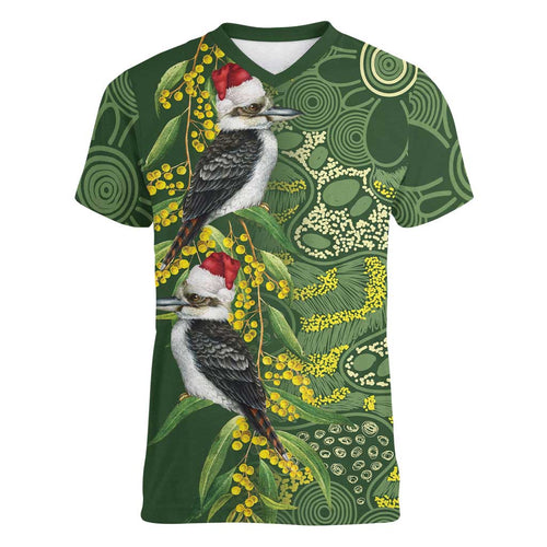 Aussie Kokaburra Golden Wattle Christmas Women V-Neck T-Shirt Aboriginal Dots Painting Green Motif - Aussie Hoodie