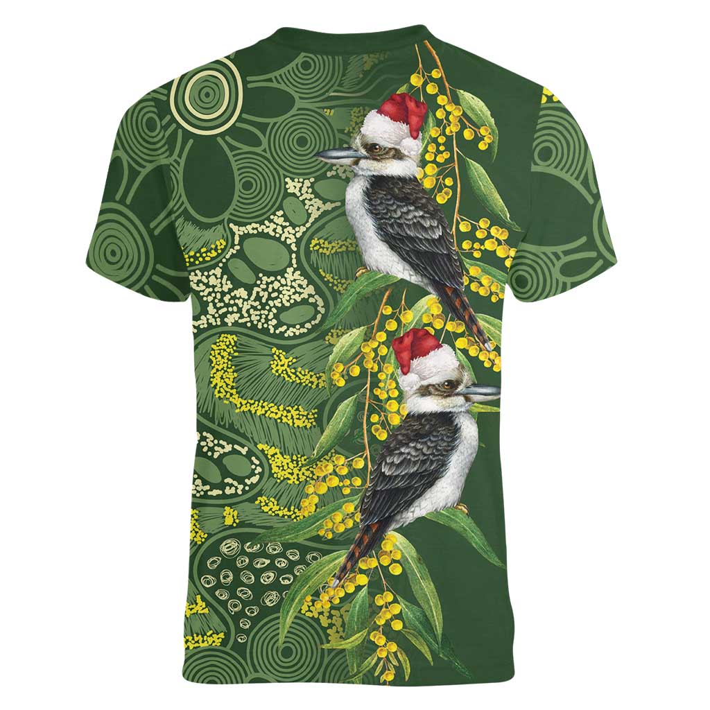 Aussie Kokaburra Golden Wattle Christmas Women V-Neck T-Shirt Aboriginal Dots Painting Green Motif - Aussie Hoodie