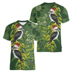 Aussie Kokaburra Golden Wattle Christmas Women V-Neck T-Shirt Aboriginal Dots Painting Green Motif - Aussie Hoodie