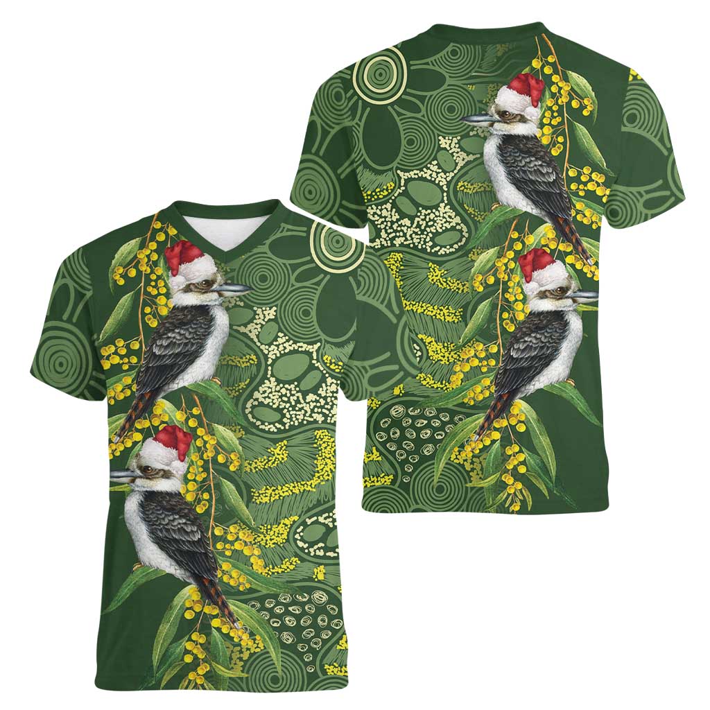 Aussie Kokaburra Golden Wattle Christmas Women V-Neck T-Shirt Aboriginal Dots Painting Green Motif - Aussie Hoodie