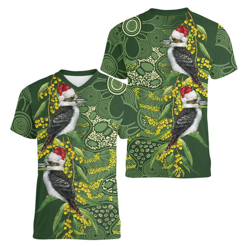 Aussie Kokaburra Golden Wattle Christmas Women V-Neck T-Shirt Aboriginal Dots Painting Green Motif - Aussie Hoodie