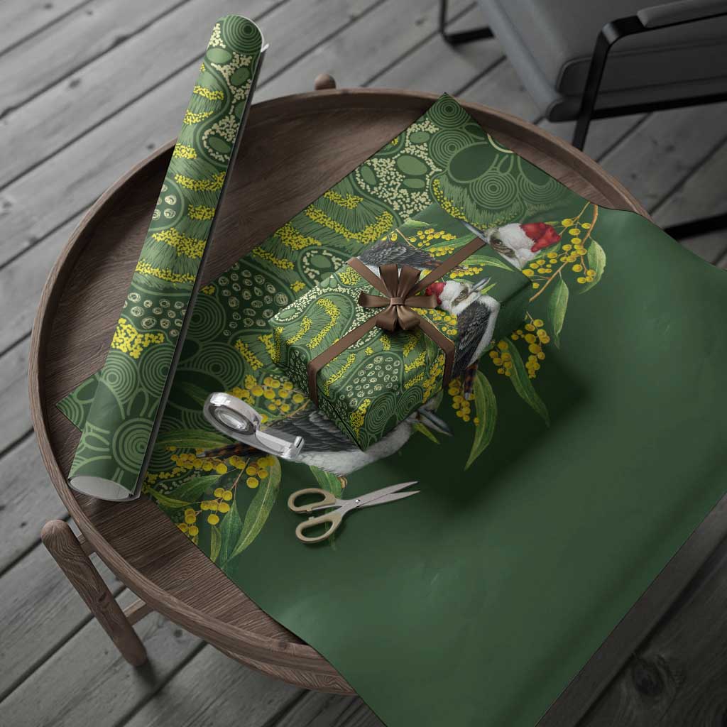 Aussie Kokaburra Golden Wattle Christmas Wrapping Paper Aboriginal Dots Painting Green Motif - Aussie Hoodie