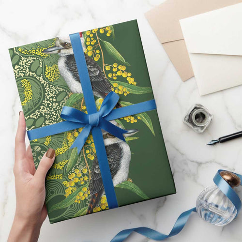 Aussie Kokaburra Golden Wattle Christmas Wrapping Paper Aboriginal Dots Painting Green Motif - Aussie Hoodie