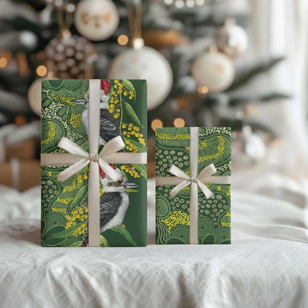 Aussie Kokaburra Golden Wattle Christmas Wrapping Paper Aboriginal Dots Painting Green Motif - Aussie Hoodie