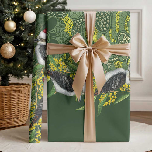 Aussie Kokaburra Golden Wattle Christmas Wrapping Paper Aboriginal Dots Painting Green Motif - Aussie Hoodie