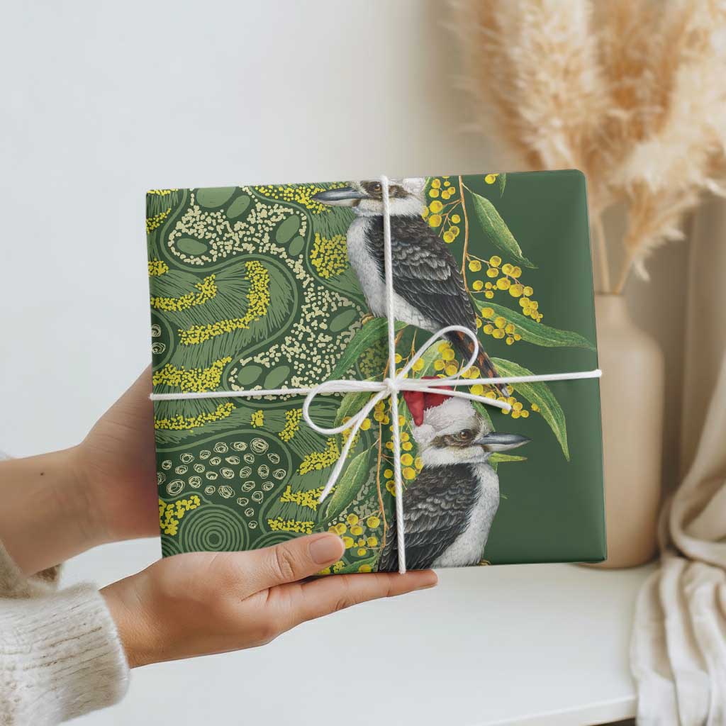 Aussie Kokaburra Golden Wattle Christmas Wrapping Paper Aboriginal Dots Painting Green Motif - Aussie Hoodie