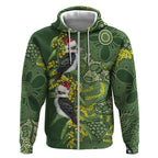 Aussie Kokaburra Golden Wattle Christmas Zip Hoodie Aboriginal Dots Painting Green Motif - Aussie Hoodie