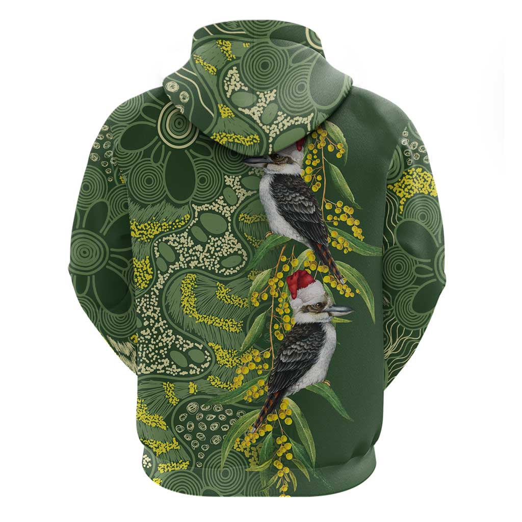 Aussie Kokaburra Golden Wattle Christmas Zip Hoodie Aboriginal Dots Painting Green Motif - Aussie Hoodie