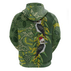 Aussie Kokaburra Golden Wattle Christmas Zip Hoodie Aboriginal Dots Painting Green Motif - Aussie Hoodie