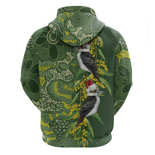 Aussie Kokaburra Golden Wattle Christmas Zip Hoodie Aboriginal Dots Painting Green Motif - Aussie Hoodie