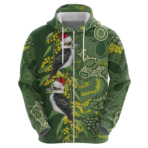 Aussie Kokaburra Golden Wattle Christmas Zip Hoodie Aboriginal Dots Painting Green Motif - Aussie Hoodie
