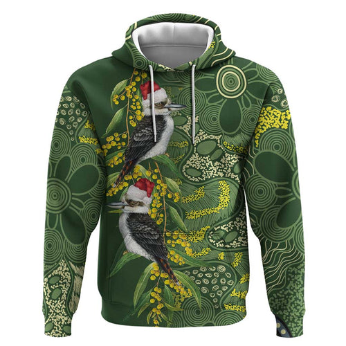 Aussie Kokaburra Golden Wattle Christmas Zip Hoodie Aboriginal Dots Painting Green Motif - Aussie Hoodie