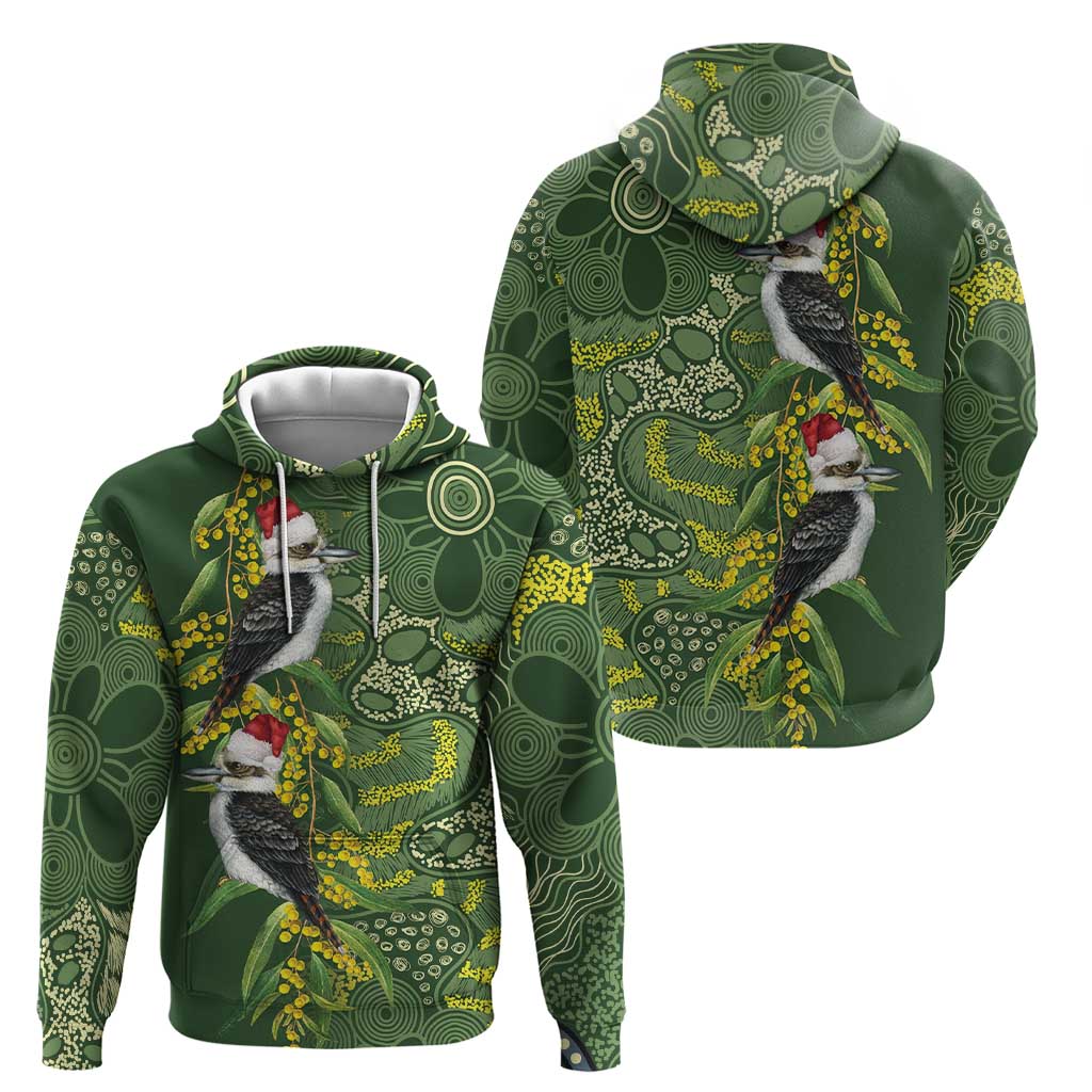 Aussie Kokaburra Golden Wattle Christmas Zip Hoodie Aboriginal Dots Painting Green Motif - Aussie Hoodie