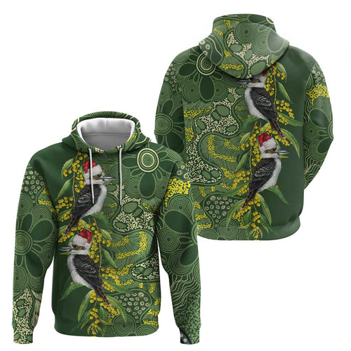 Aussie Kokaburra Golden Wattle Christmas Zip Hoodie Aboriginal Dots Painting Green Motif - Aussie Hoodie