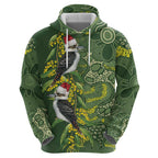 Aussie Kokaburra Golden Wattle Christmas Zip Hoodie Aboriginal Dots Painting Green Motif - Aussie Hoodie