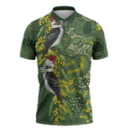 Aussie Kokaburra Golden Wattle Christmas Zipper Polo Shirt Aboriginal Dots Painting Green Motif - Aussie Hoodie