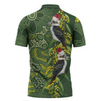 Aussie Kokaburra Golden Wattle Christmas Zipper Polo Shirt Aboriginal Dots Painting Green Motif - Aussie Hoodie